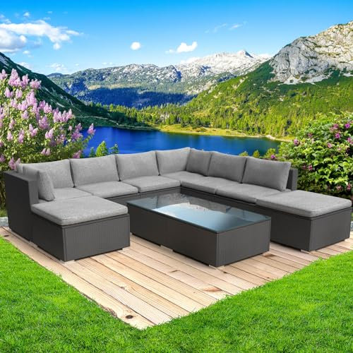 BRAST® Gartenmöbel Lounge Set | 6-7 Personen viele Modelle & Farben | inkl. extra Dicke Kissen | TÜV geprüft | Outdoor Loungemöbel Sitzgruppe Essgruppe Garnitur | Wellness Schwarz