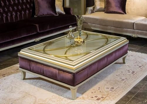 Casa Padrino Luxus Barock Couchtisch Weiß/Lila/Gold 130 x 85 x H. 39 cm - Edler Massivholz Wohnzimmertisch mit Glasplatte - Barock Wohnzimmer Möbel