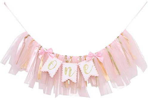Hochstuhl-Banner 1. Geburtstag Mädchen - Tüll und Band Banner für den ersten Geburtstag, Cake Smash Foto Requisite, Partyzubehör (Rosa)