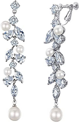 Clearine Ohrclips Zirkonia simulierte Perle Teardrop Dangle Clip-on Ohrringe Schmuck für Hochzeit Braut