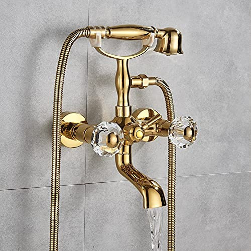 Gx Grifo Bañera con Alcachofa De Mano Latón Color Oro Mezclador De Bañera Montaje En Pared, Incluye Soporte Y Manguera De 150 Cm, Dos Asas Grifo De Ducha, Antiguo