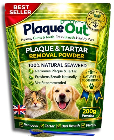 PLAQUE OUT Bolsa de 200 g, removedor de placa, polvo de algas marinas 100 % natural para perros y gatos, limpieza de dientes de perro, eliminación de placa, cuidado dental de mascotas, mal aliento