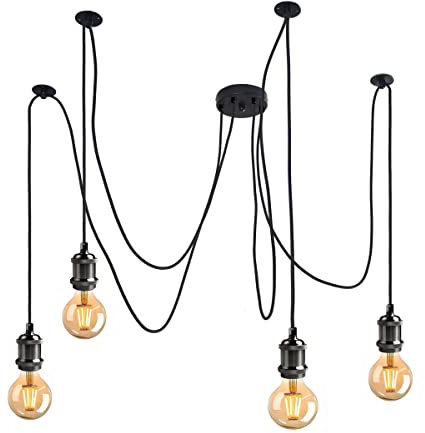 Suspension Industriel Vintage,noir Métal E27 Lustre Suspension Lampe Edison de Douille avec de 2m câble tressé Bras multi- Design Lustre Araignée pour Salon Chambre Cuisine Restaurant Bar (4 Bras)