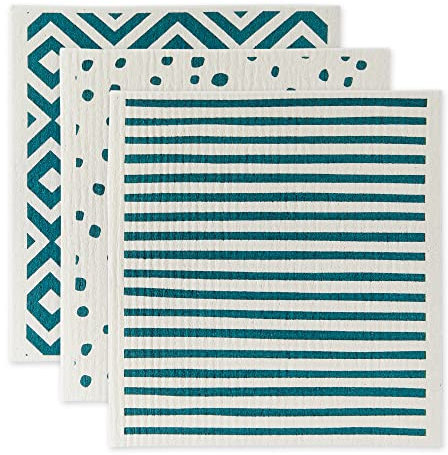 DII Swedish Dishcloths for Kitchen & Cleaning, Reusable, Machine Washable & Dishwasher Safe, Biodegradable, 7.75 x 6.75, Teal & White