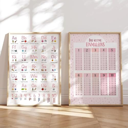MeinBaby123® XL ABC Lernposter Grundschrift für Kinder DIN A2 | 1x1 Poster, Einmaleins Trainer für Kinder | 2er Set | Kindergarten, Vorschule, Grundschule (2er Set - rosa A2)