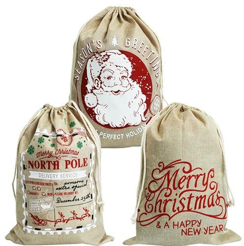 3 STÜCKE Weihnachtssäcke. 40 x 56cm großer Weihnachtssack aus Jute. Weihnachtsgeschenkbeutel mit Kordelzug. 3er-Pack