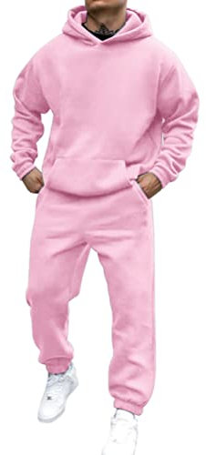 shownicer Survêtement Homme Ensemble Jogging Sweats À Capuche Et Sport Pantalons Automne Hiver Couleur Unie Gym Jogging Sportswear Tenue De Couple A Rose XXL