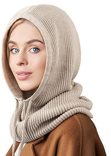 DRESHOW Wintermützen für Damen Balaclava Strickmütze Skull Cap mit Kordelzug Warmer Kapuzenschal Mütze