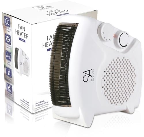 SA Products Fan Heater with 2 Heat Settings & Cool Function – Portable Heaters for Home Variable Thermostat Space Electric Low Energy home, White (SA2400)