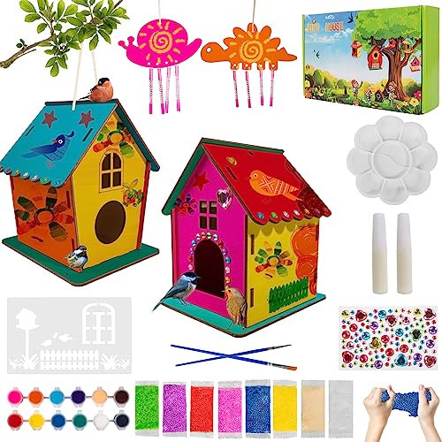 Bastelsets Kinder, Vogelhaus Bausatz aus Holz, 2 Stück Vogelhaus zum Bemalen, Basteln Kleine Geschenk für Mädchen Jungen Bastelset Kinder ab 6 Jahre