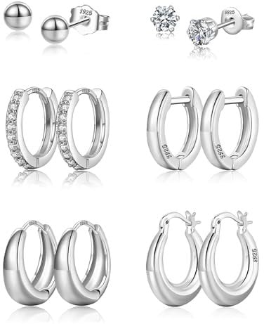 Ohrringe Silber 925,6 Paar Creolen Silber 925 und Ohrstecker Silber Set für Damen Hypoallergen Knorpel Creolen Silber Klein und Kugel Zirkonia Ohrstecker Silber 925 für Mehrere Ohrlöcher