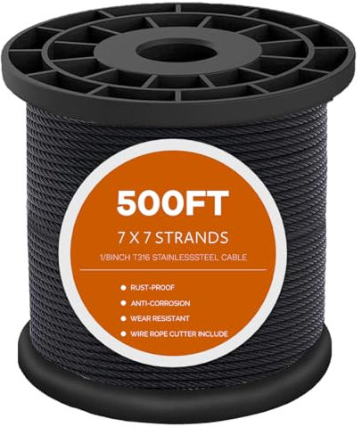 Cable de acero inoxidable negro T316 de 500 pies de 1/8 pulgadas, cable de avión negro para barandilla de cubierta, 7 x 7 hebras de construcción de alambre de acero trenzado