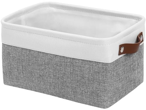 Patvingot Linen Canvas Storage Baskets - Foldable Fabric Boxes with Leather Handles for Cupboards, Storage Boxes for Shelves, for Organizing Clothes, Toys, Office (White/Grey, Small-1 Pack)