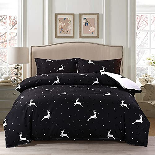 ZIQINPSQ Weihnachts-Bettwäsche-Set mit Hirschmotiv, Bettwäsche-Set für Neujahr, Feiertage, Weihnachtsgeschenke (schwarz, Doppelbett)