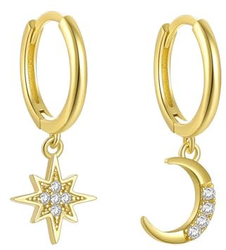 Hmzidz Damen Ohrringe Mond und Sterne - Creolen Gold Klein, 925 Sterling Silber Ohrhänger, Tropfen Hängend mit Steinen, Statement Schmuck mit Zirkonia für Mädchen
