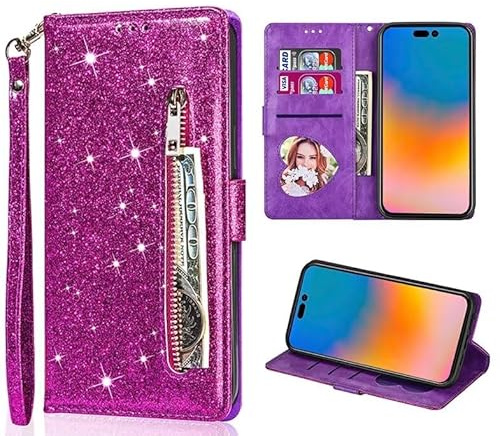 FERLAN Handyhülle für Samsung Galaxy J6+/J6 Plus Hülle,Flip Case Lederhülle Reißverschluss Magnetverschluss Brieftasche mit 3 Kartenfächern Standfuntion Retro Matt Ledertasche,Glitzer Violett