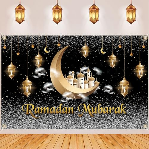 IWTBNOA Ramadan Dekoration, Schwarz Gold Extra Große Ramadan Mubarak Hintergrund Banner, XXL Ramadan Kareem Banner, Eid Mubarak Hintergrund Banner, Muslim Festival Party Hintergrund für Ramadan Deko