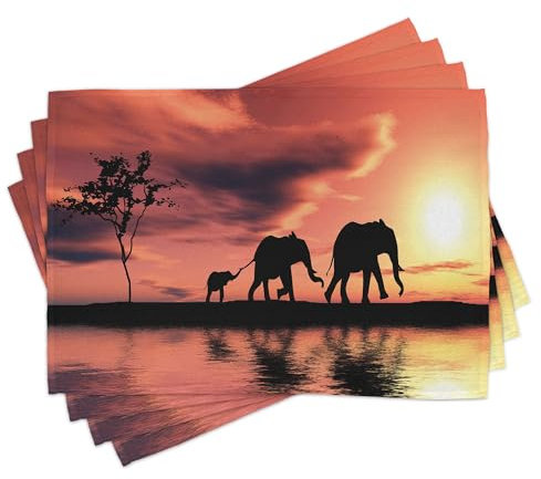 ABAKUHAUS Elefant Platzmatten 8 Stück, Elefant Silhouetten Durch Fluss Afrika Tier Abenteuer Landschaft, Waschbare Stoff Esszimmer Küche Tischdekorations Digitaldruck, Lachsschwarz