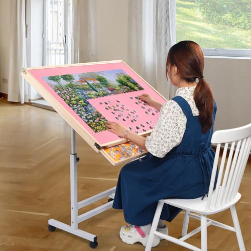Ynredee Wooden Jigsaw Puzzle Table for Adults & Kids,Jigsaw Puzzle Storage Folding Tilting Table with Board Standing,Portable Board for Games, Gift for Puzzle Amateur (1500 Pcs with Two Big Drawers)