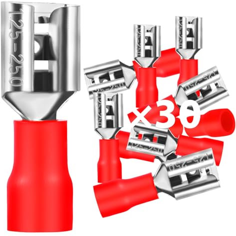 30Stk Flachsteckhülsen 0,5-1,5mm²/Steckbreite 6,35mm PVC Flachstecker Teilisoliert Kabelschuh FDD Kabel-Verbinder aus Kupfer verzinnt
