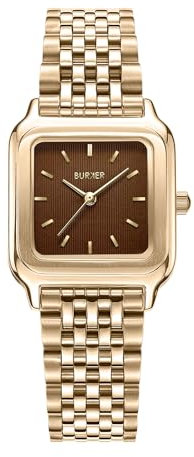 BURKER Damenuhr Macy, Quadratische Damen Armbanduhr Gliederarmband Edelstahl Analog Quarz 3-ATM Wasserdicht Geschenk für Frau, Freundin, Mama - 33 mm - Gold Braun