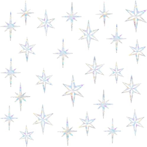 MOSITU Star Window Clings 24 Pcs Static Cling Prismatic Vinyl Rainbow Decals for Glass Windows Sun Catcher Stickers Anti Collision Bird Strike Prevention Window Decals