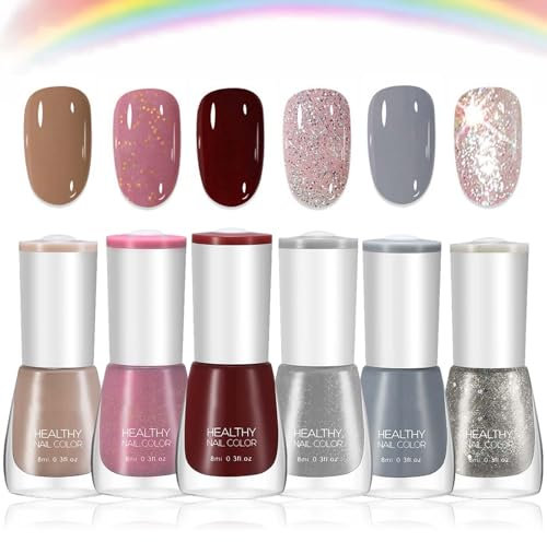 6-Piece Non-Toxic Water-Based Nail Polish Set: Quick-Dry, Long-Lasting Nude and Red Shades with Holographic Gel for DIY Nail Art at Home. No UV Required