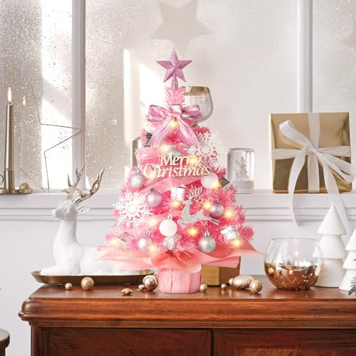 Künstlicher Weihnachtsbaum Klein Mit Beleuchtung, 60cm Rosa Tannenbaum Künstlich, Mini Christbaum Mit Weihnachtskugeln Schneeflocke Sternspitze Weihnachtsschmuck, Weihnachtsdeko, Weihnachten Deko