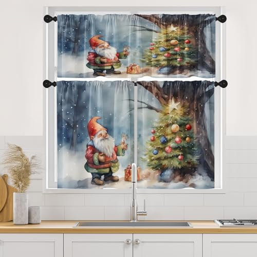 Britown Küchen-Vorhänge, Fenstervorhänge und Volants, Motiv: Weihnachtswichtel, Baum, 91,4 cm, Winterlandschaft, Aquarell, kurze Etage, Vorhang für Küche, kleine Weihnachts-Küchendekoration