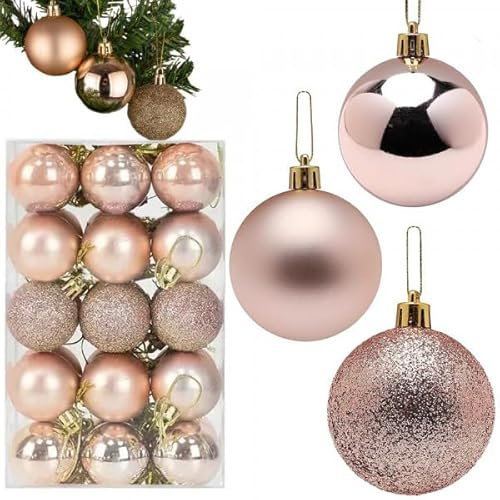 Set di 30 palline di Natale, decorazioni natalizie, opache, lucide, scintillanti, 3 cm, palline di Natale in oro rosa, set da 30 palline per una decorazione elegante delle feste
