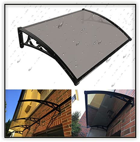 Fenstermarkise, Polycarbonat-Hohlblech, Vordertür, Terrassenüberdachung, skalierbar mit schwarzer Aluminiumhalterung, schwarz + braun, 150 cm x 60 cm