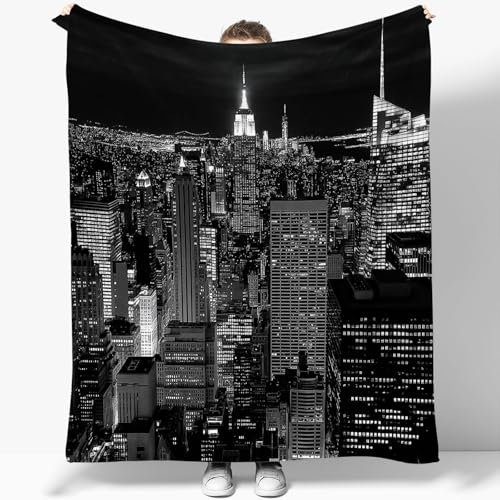 Kuscheldecke Flauschige Wolldecke mit New York City Bei Nacht Muster, Warme Sherpa Decke Wohndecke Sofadecke 220 x 240 cm Warme Super Weiche Kuscheldecke Schwarz