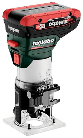 metabo Akku-Kantenfräse FMV 18 LTX BL 8-18V, Brushless-Motor, 2x4Ah LiHD Akkus, Ladegerät ASC 55, metaBOX 145 L - für Holz und holzähnliche Werkstoffe, präzise Tiefeneinstellung, ergonomisch