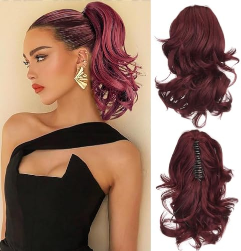 Cybelleza 35cm Coleta Postiza con Pinza Extensiones de Clip de Pelo Natural Cola de Caballo Extensiones de Cabello Rizadas Sintético Ondulado Ponytail Corto Largo Cola Claw, Vino tinto