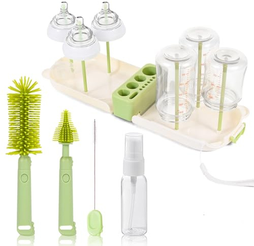 Portable Baby Bottle Brush Set - 7 in 1 Baby Bottle Cleaner Kit, Baby Travel Essential Bottle Washing Kit with Silicone Bottle Brush, Nipple Brush, Straw Brush, Drying Rack for Home and Travel (Green)