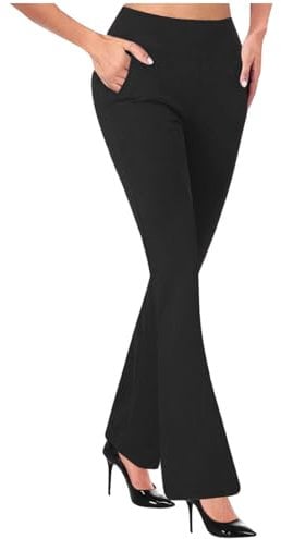 OVARA Ladies Bootleg Trousers Women Boot Cut High Rise Stretch Soft Finely Ribbed Pull On Nurse Carer Work Bottoms with Pockets Elasticated Waist Pants Sizes S-2XL