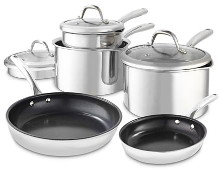 GF900276 Good Food in Partnership with Tower Tri-Ply 5 Piece Cookware Set with 16cm, 18cm & 20cm Saucepans with Tempered Glass Lids, 20cm & 28cm Frying Pans, Stainless Steel