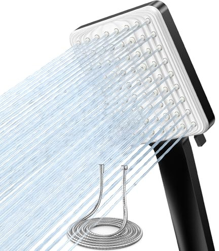 VOXON Square Shower Head and Hose Set, High Pressure Shower Heads with 6 Spray Modes, Universal Shower Head with 1.8m Stainless Hose, Handheld Large Rain Shower Heads for Low Water Pressure, Black