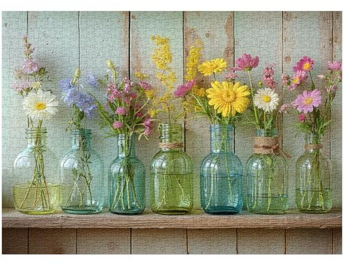 Wildflower 1000 Piece Puzzle for Adults, PICKFORU Whispering Blooms Summer Flower Garden Jigsaw Puzzle, Challenging Retro Vibrant Sunflower Vase Theme as Home Decor
