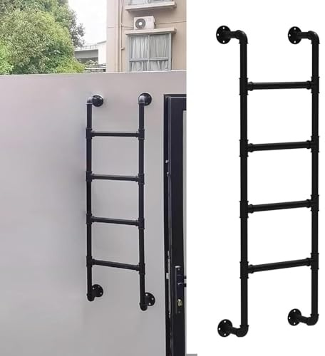 Scala antiscivolo, scala di fuga antincendio del ferro del metallo nero montata al muro, carichi 330lbs Heavy Duty Loft Truck Barca Scala di arrampicata di sicurezza per tetto all'aperto,Black-1M