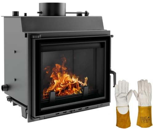 KRATKI Maja - Inserto per camino, 8 kW, con scambiatore di calore e riscaldamento dell'acqua, BImSchV 2 e design ecologico, vetro dritto 67 x 60 cm, con detergente per camini