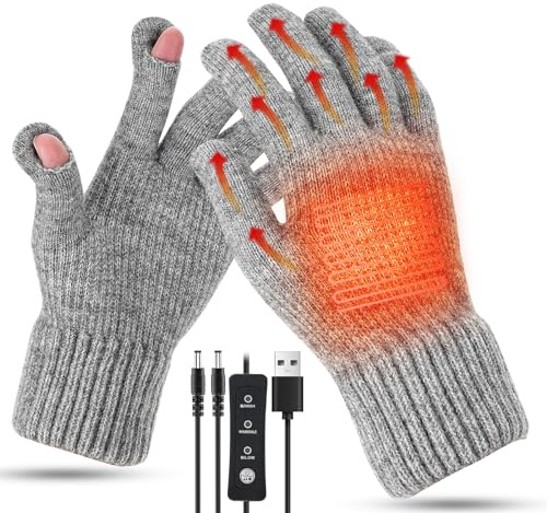 Snorthy Heated Gloves, Full Fingers Heating Warm Gloves with 3 Temperature Levels Electric Hand Warmer Glove with Thumb and Forefinger Opening Knitted Mitten Laptop Glove Mitten for Men