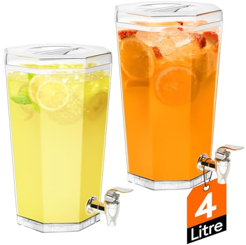 Lifewit 4L Drinks Dispenser with Tap, Juice Jar Containers with Lid for Party Fridge, BPA Free Plastic Ice Beverage for Cocktail, Lemonade, Soda, Tea, Water, 2Pack 27 x 16 cm/10x6
