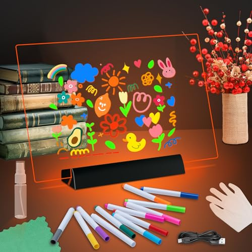 LED Zeichenbrett 30x20cm Leuchttafel,Leuchtendes Led Zeichenbrett für Kinder,Enthält ein Typ-C-Kabel,12-farbige Whiteboard-Marker, ein Reinigungstuch,eine Sprühflasche 1 Paar Handschuhe,Sieben Farben