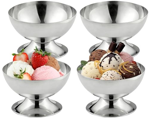 4 Stück Edelstahl Eisbecher - Ø 10cm 200ml Edelstahl Dessertschale, Ice Cream Sundae Dessertgläser, Cocktail Gläser mit Fuß, für Obst Salat Joghurt und Fruchtpudding, für Hochzeiten, Partys (B)