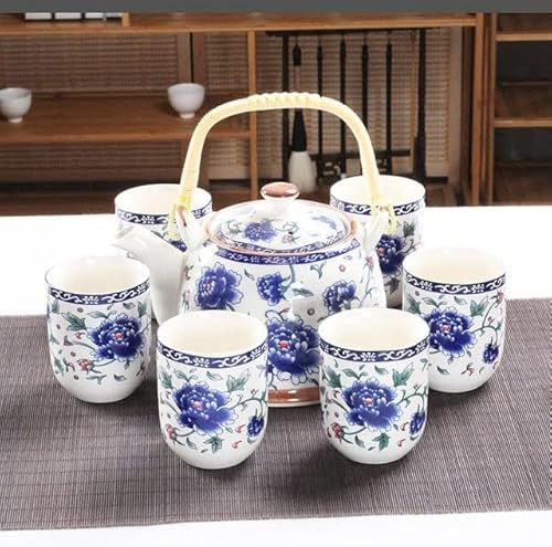 Teeservice Keramik 7-teilig Gungfu Teegeschirr Handgemachte Teekanne und Tassen Chinesisches Porzellan für Büro und Reise Blumenmuster