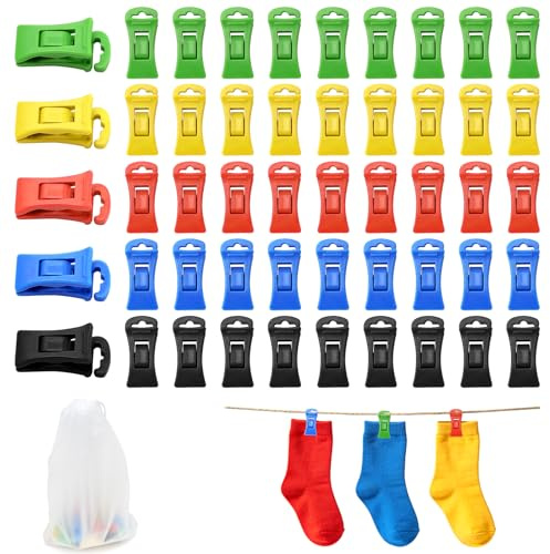 Sockenklammern für Waschmaschine und Trockner, 50 Stück | 5 Farben mit je 10 Clips und Aufbewahrungsbeutel – zum Waschen, Trocknen, Aufhängen und Sortieren von Socken
