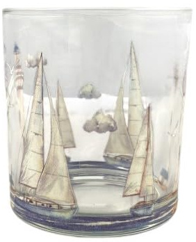 Windlicht aus Glas, Maritimes Design mit Segelschiffen und Leuchtturm, Serie Heimathafen, für Teelichter (Gross)