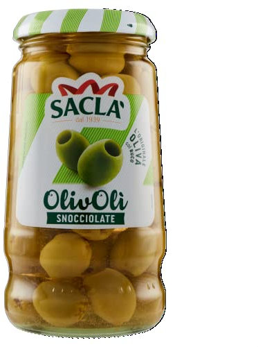 Saclà, OlivOlì, Olive Verdi Denocciolate, Ideali per Aperitivo, Insalate e per Arricchire i Tuoi Piatti, Vaso Vetro, 290g (120g sgocciolato), Confezione da 12 pezzi