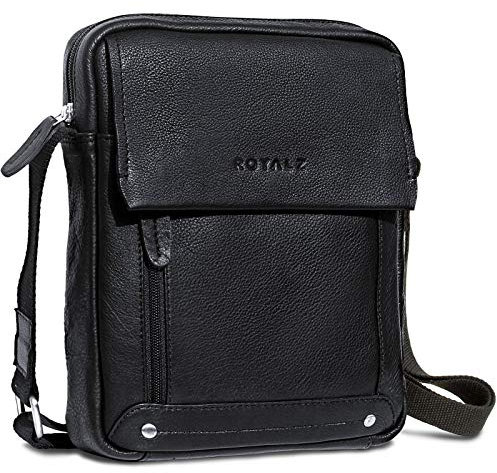 ROYALZ 'Idaho' Bolso Mensajero Pequeño de Cuero Auténtica para Hombre Bolsa de Hombro Masculino Tablet de iPad 10,5 Bandolera de Piel Mini, Color:Negro